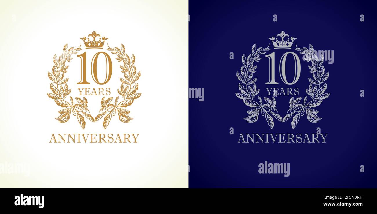 10 Jahre altes Luxuslogo. Gratulation 10th Zahlen Gold Farbe Vorlage in Palmen gerahmt. Isoliertes Design. Feiern Tradition zehn in Stock Vektor