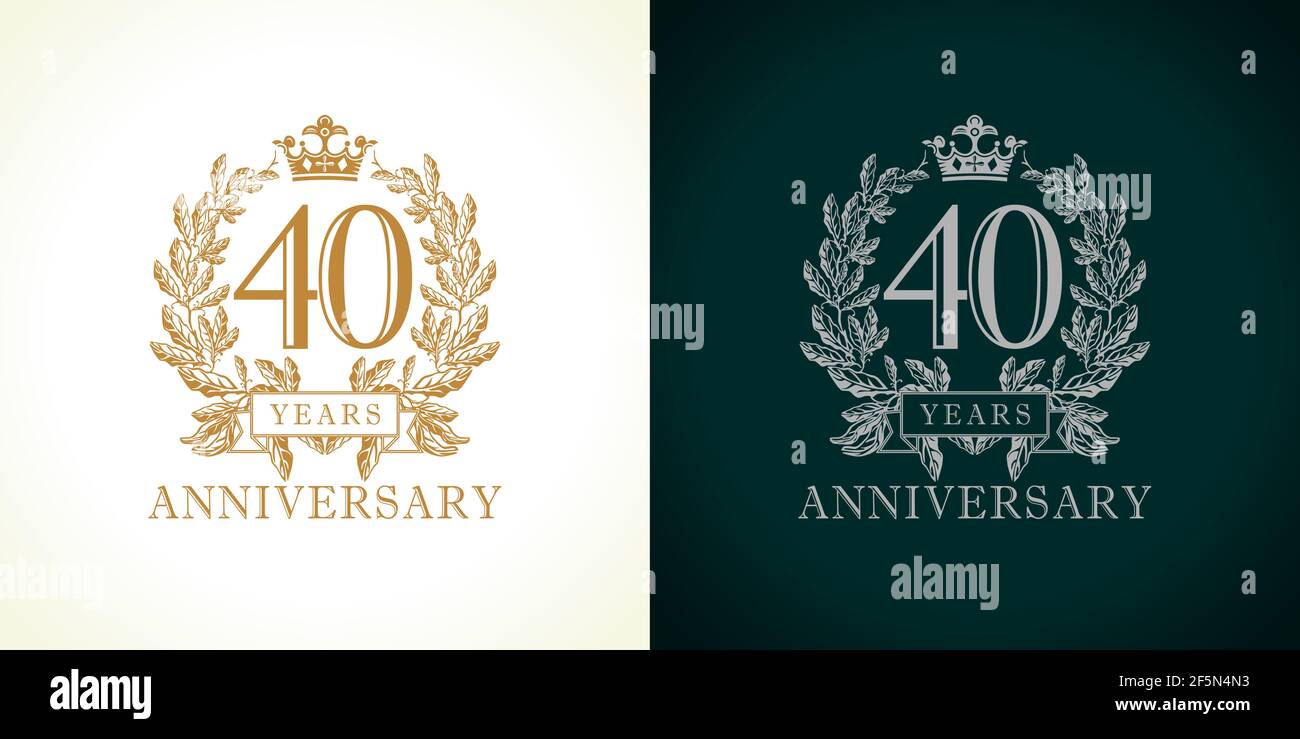 40 Jahre altes Luxuslogo. Gratulation 40th Zahlen Gold Farbe Vorlage in Palmen gerahmt. Isoliertes Design. Feiern Tradition vier, z Stock Vektor