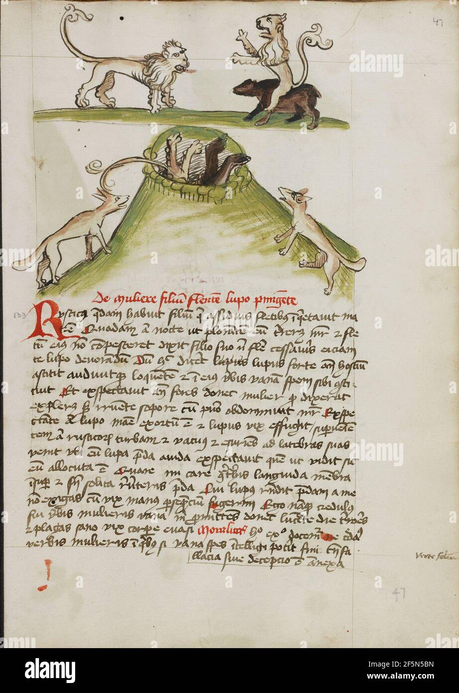 Ein Löwe steht auf dem Rücken eines Bären; zwei Füchse in einem Loch, in das ein Löwe und ein Bär fallen. Unbekannt Stockfoto