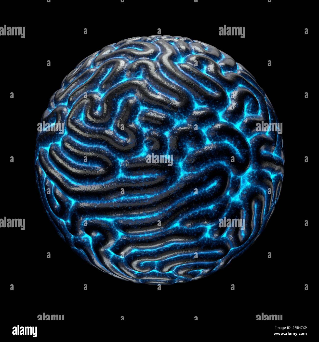 Künstliches Gehirn mit leuchtenden Details. 3D Illustration, geeignet für Technik, ai und Alien Themen. Stockfoto