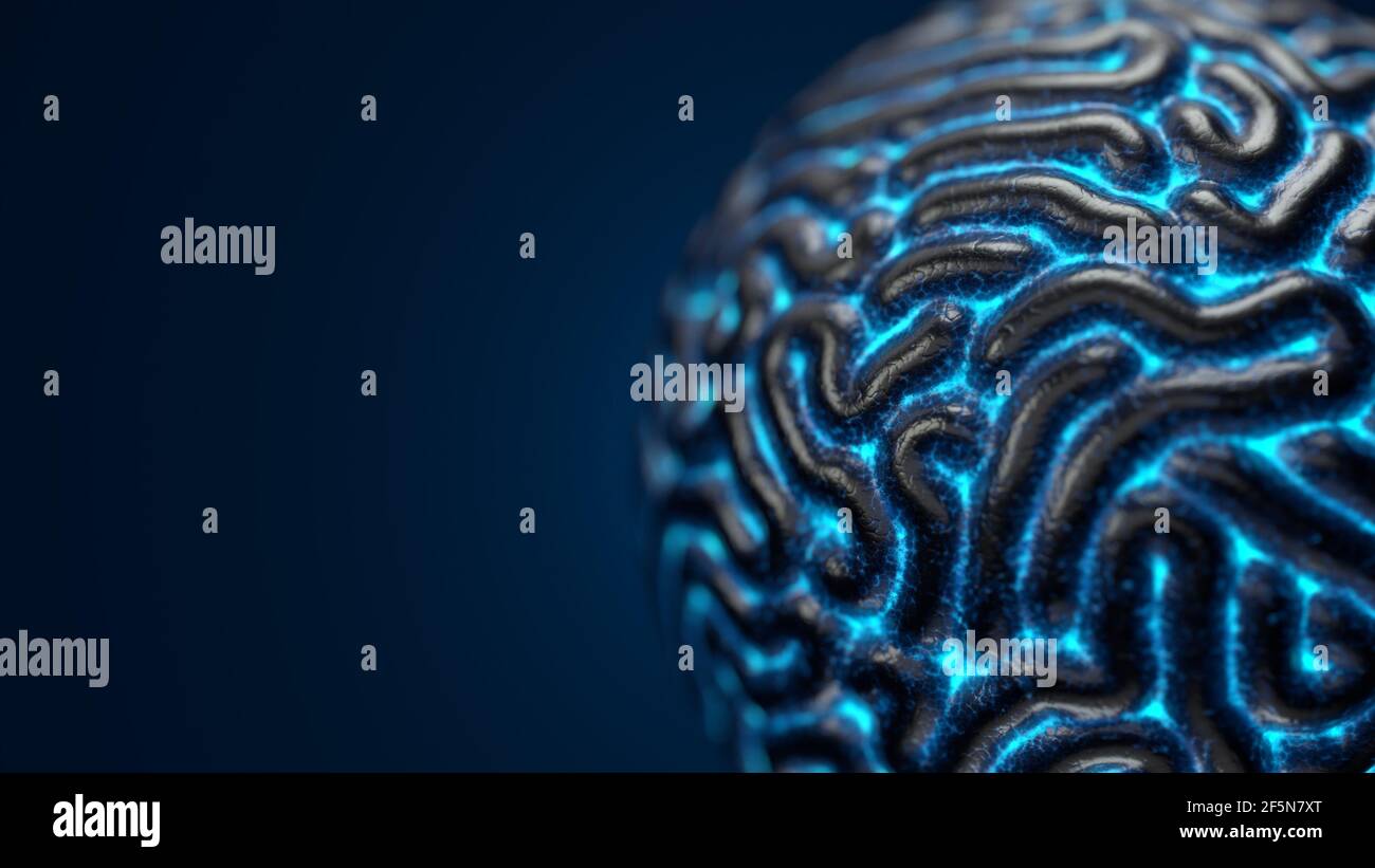 Künstliches Gehirn mit leuchtenden Details. 3D Illustration, geeignet für Technik, ai und Alien Themen. Stockfoto