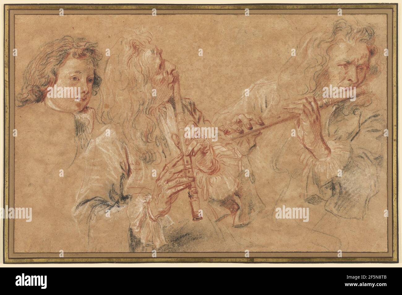 Zwei Studien eines Flötisten und eine Studie des Kopfes eines Jungen. Jean-Antoine Watteau (Französisch, 1684 - 1721) Stockfoto