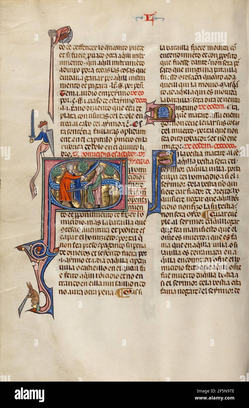 Initial S: Zwei Männer kämpfen mit Schwertern. Stockfoto