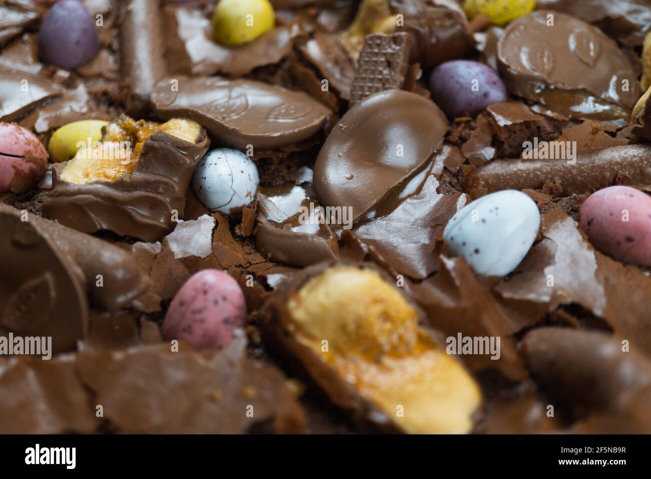 Home Backen Ostern Konzept. Brownie mit Schokoladenriegel, Mini-ostereiern und gebackenen Keksen. Schokolade Fest hausgemachte Leckerbissen Stockfoto