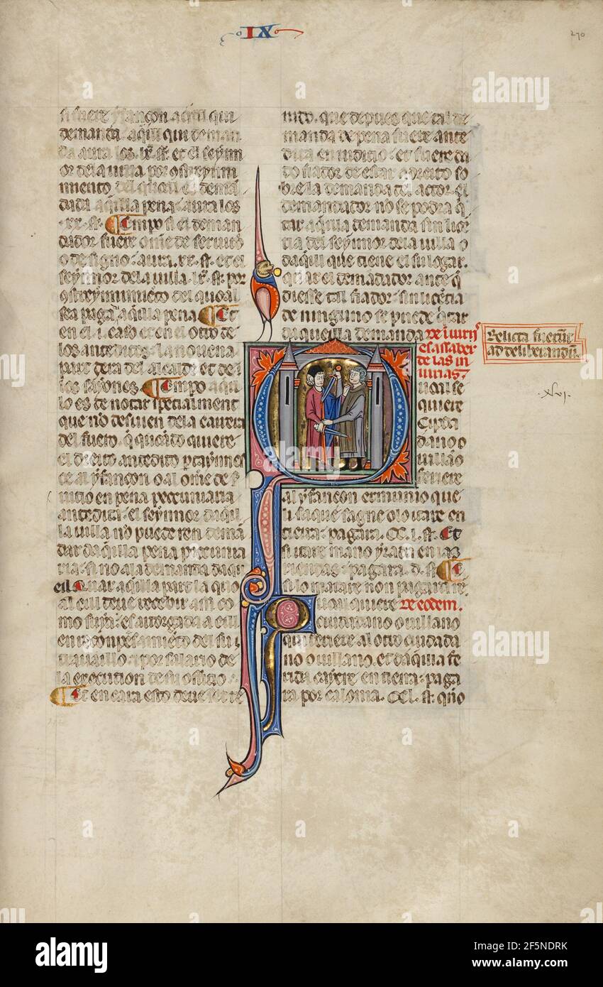 Initial F: Zwei Männer kämpfen mit Schwertern. Stockfoto