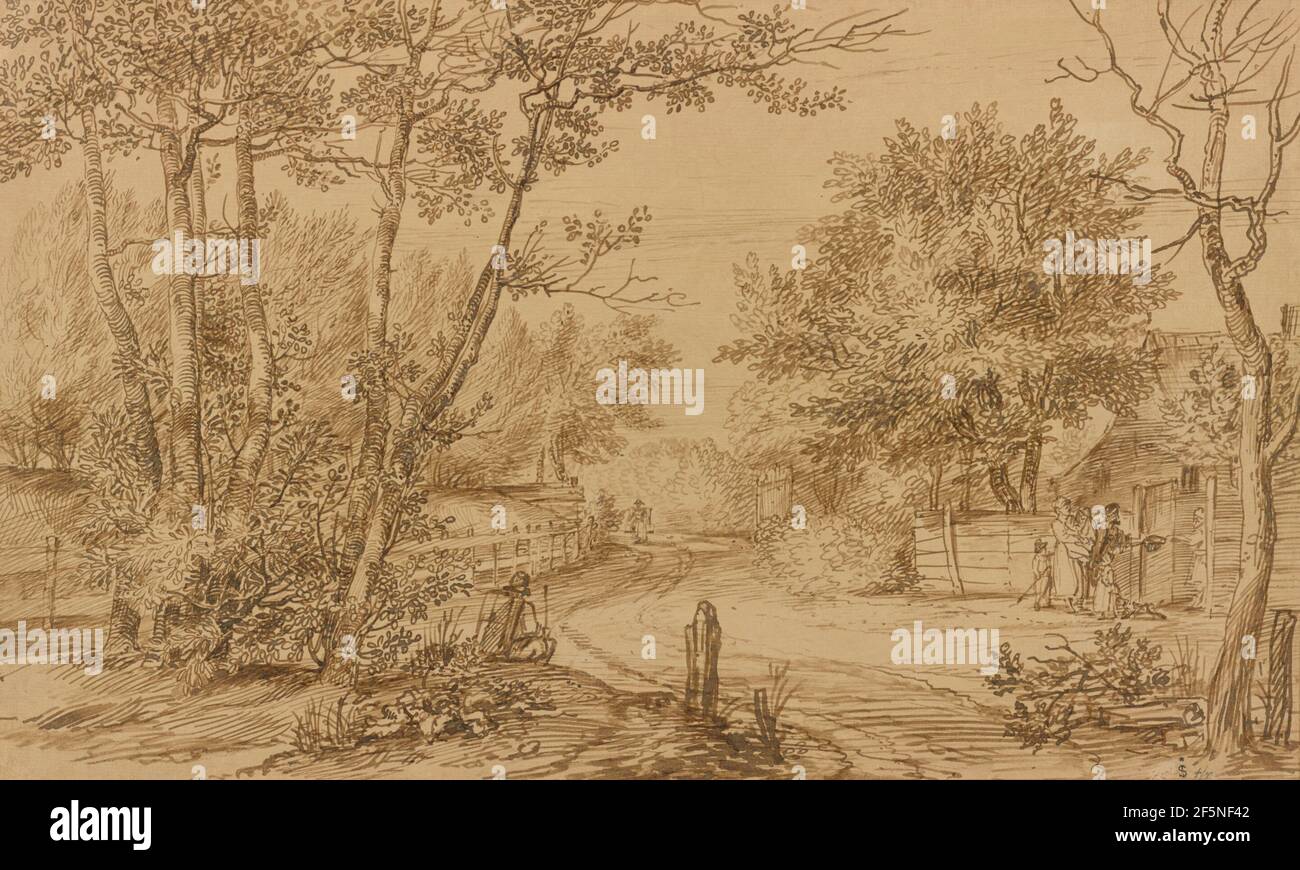 Blick auf einen Pfad im Haager Wald, mit Bettlern vor der Tür einer Hütte. Jan Lievens (Niederländisch, 1607 - 1674) Stockfoto