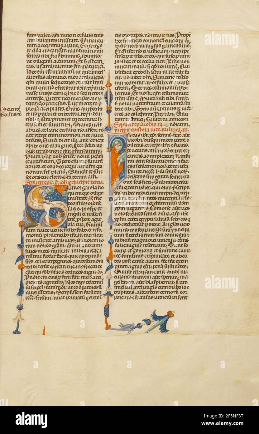 Initial S: Der heilige Johannes der Evangelist, der einen Brief an einen Mann gibt; Initial J: Ein Mönch mit einem Halo. Unbekannt Stockfoto