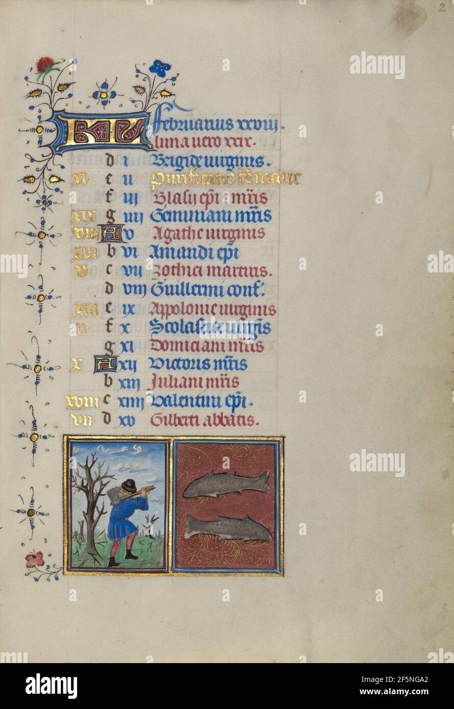 Kalenderseite für Februar; Bäume hacken; Fische. Meister der Lee Stunden (flämisch, aktiv um 1450 - 1470) Stockfoto