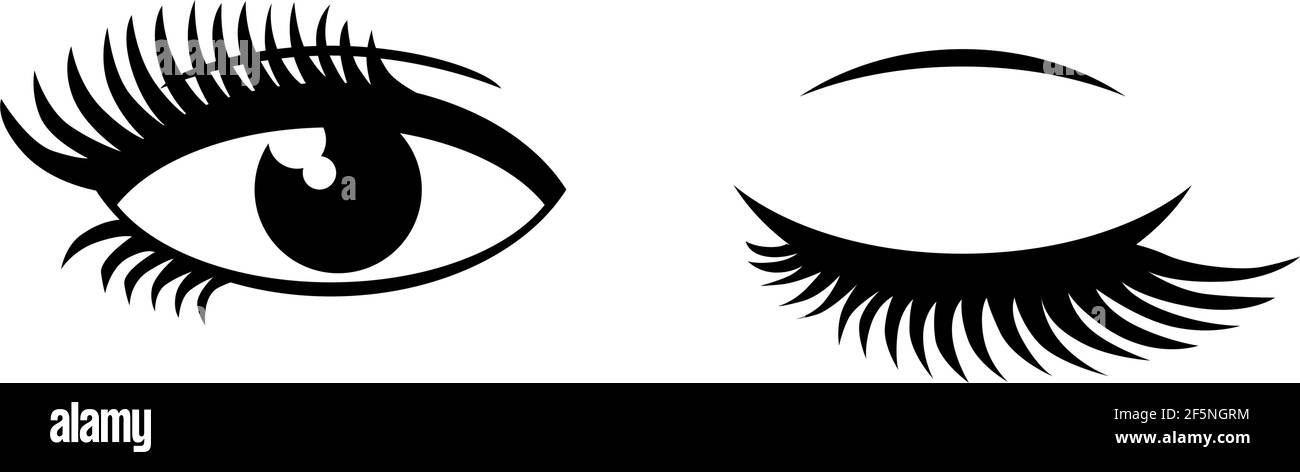 Schöne dicke weibliche Wimpern. Offenes Auge, geschlossenes Auge. Vektorsymbol auf transparentem Hintergrund Stock Vektor