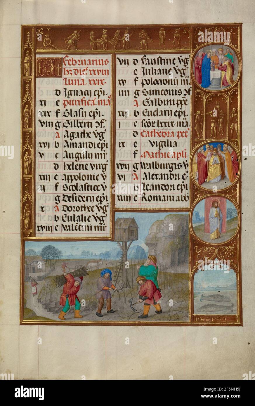 Februar Kalenderseite; Arbeiten in einem Weinberg; Fische. Workshop des Meisters von Jakobus IV. Von Schottland (Flämisch, vor 1465 - um 1541) Stockfoto