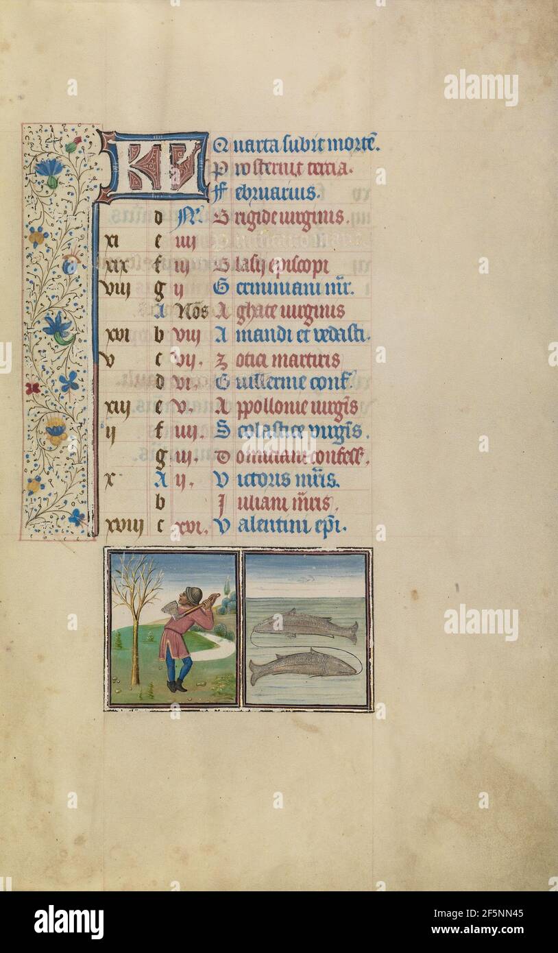 Februar Kalenderseite; Bäume Besäumen; Fische. Werkstatt von Willem Vrelant (Flämisch, gestorben 1481, aktiv 1454 - 1481) Stockfoto