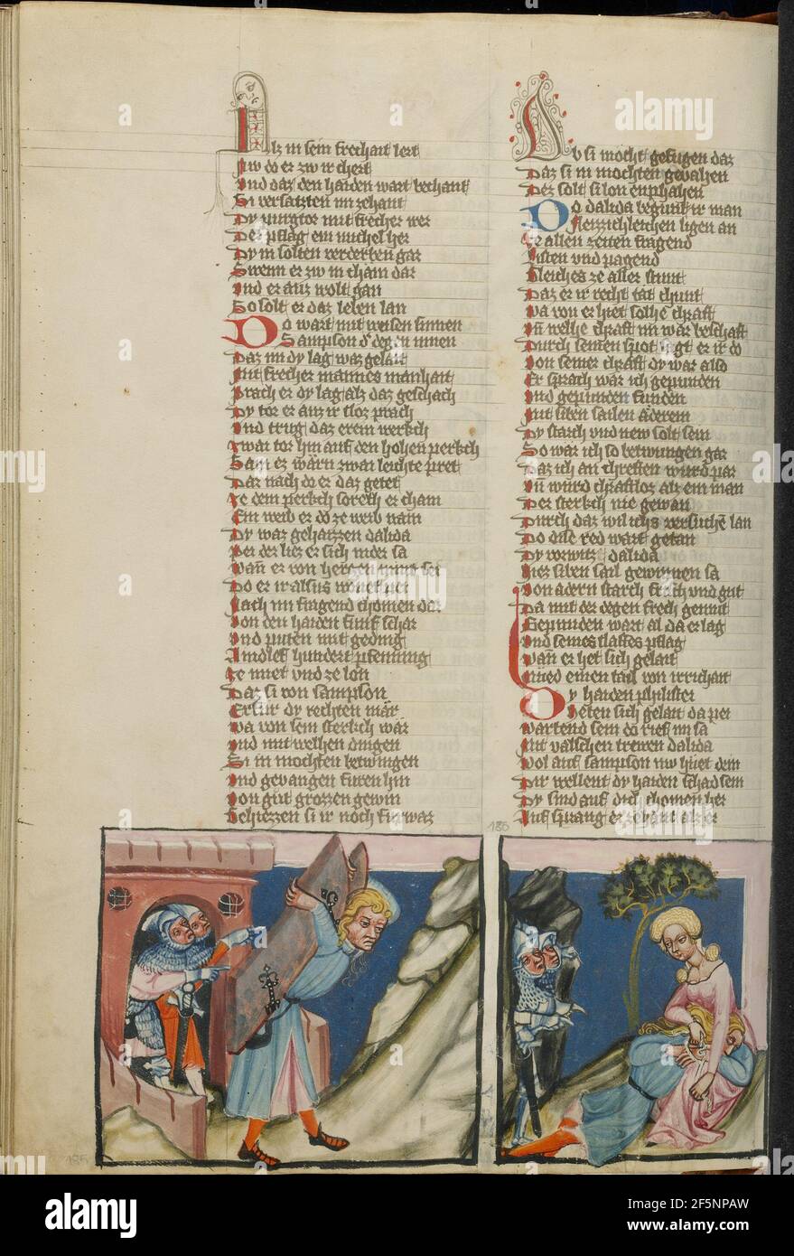 Samson, der das Stadttor von Gaza abtransportiert; Delilah, der Samson bindet. Stockfoto