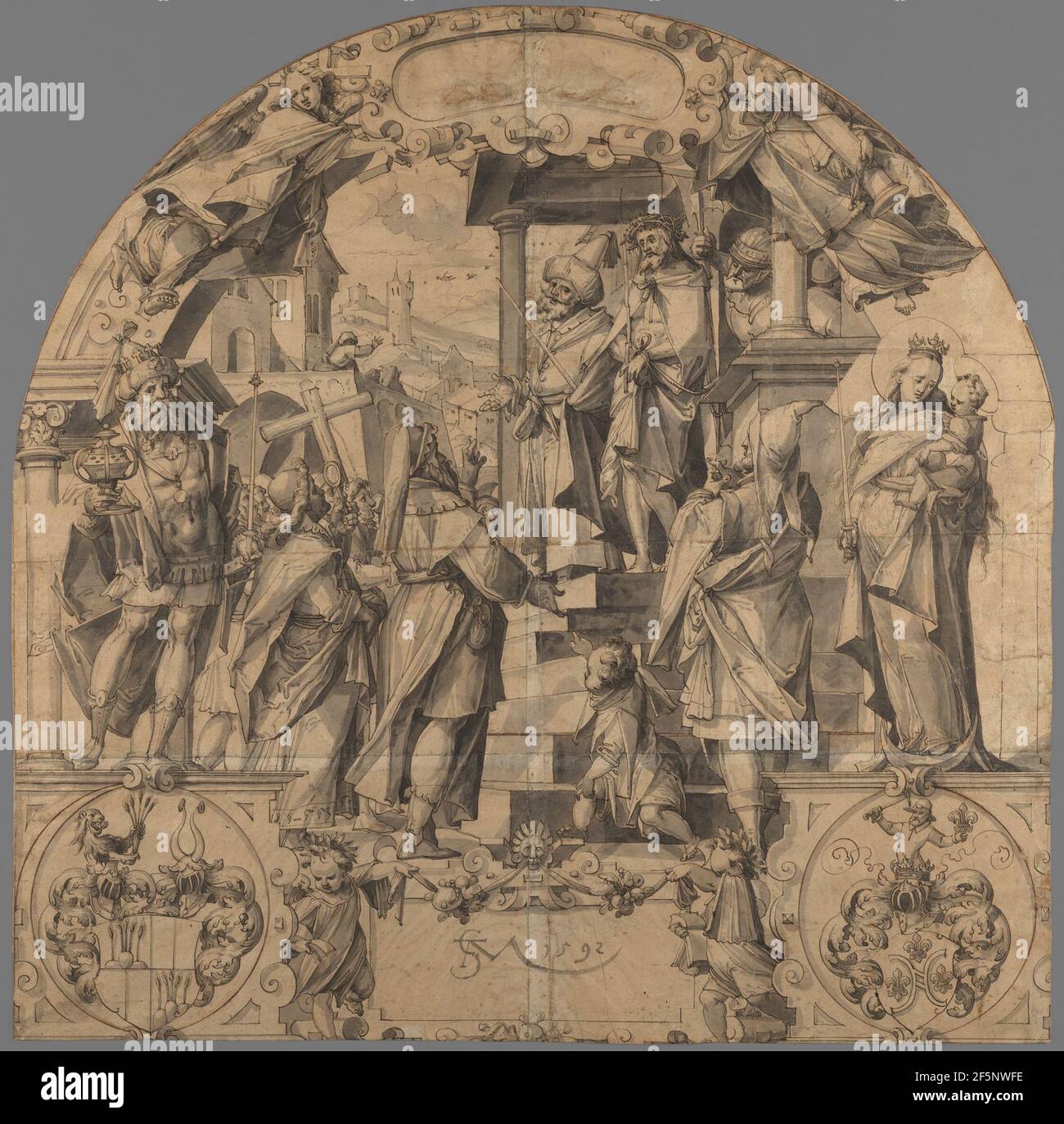 Ecce Homo, der König Caspar, die Jungfrau und das Kind und die Arme der Familien Kündig und Pfyffer. Christoph Murer (Schweizer, 1558 - 1614) Stockfoto