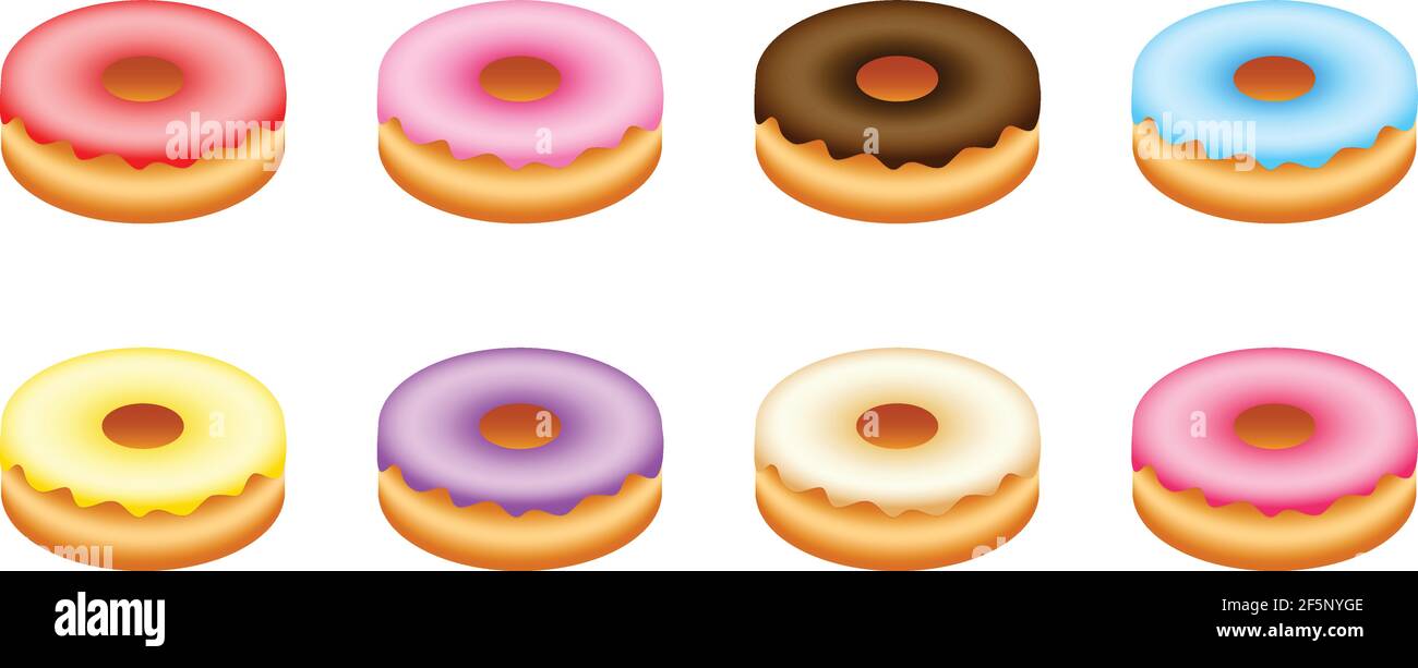 8 Arten von bunten glasierten Donuts im Set. Stock Vektor