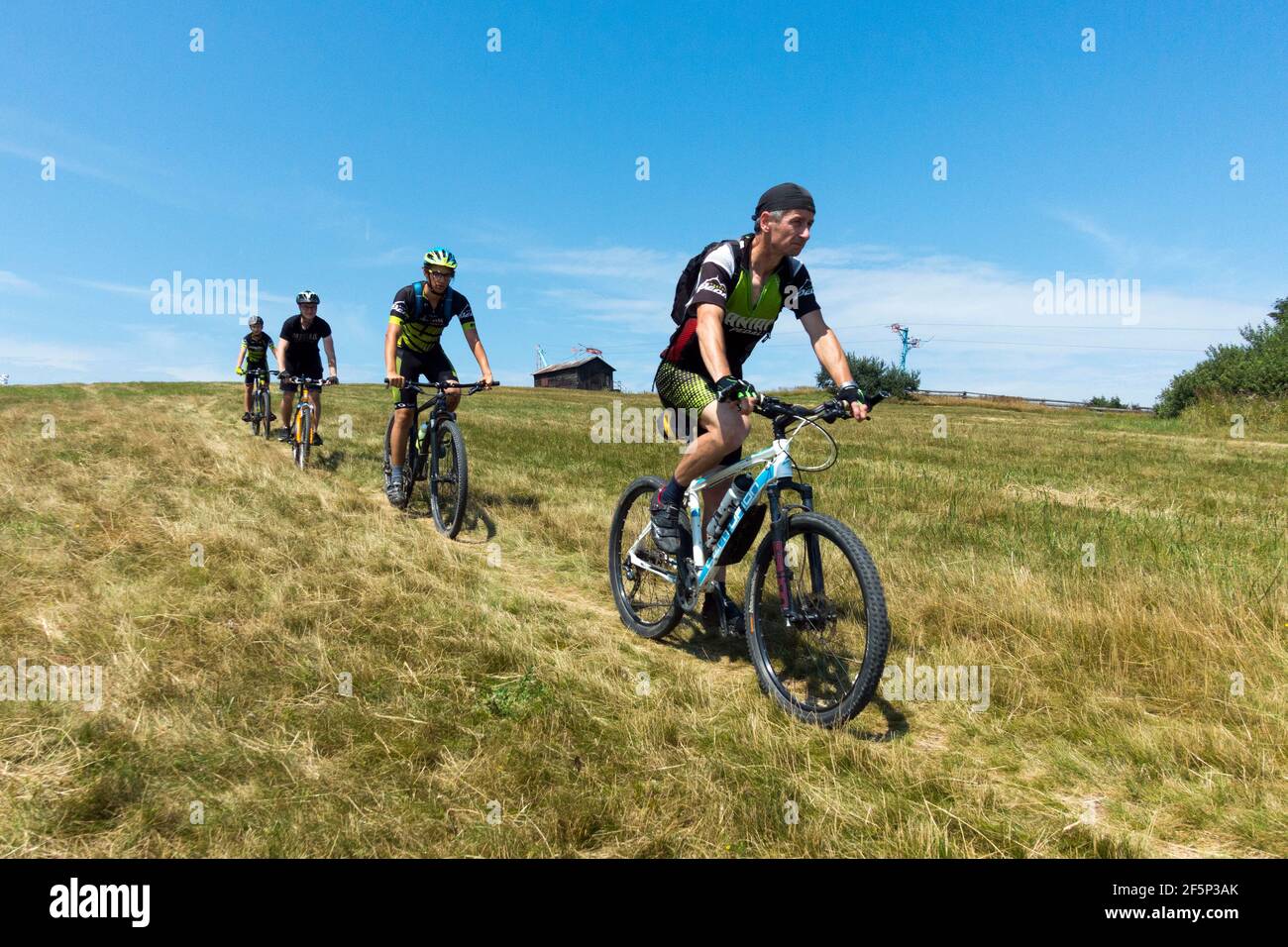 Vier Männer fahren mit dem Mountainbike und genießen einen sonnigen Tag, aktiven Lebensstil Stockfoto
