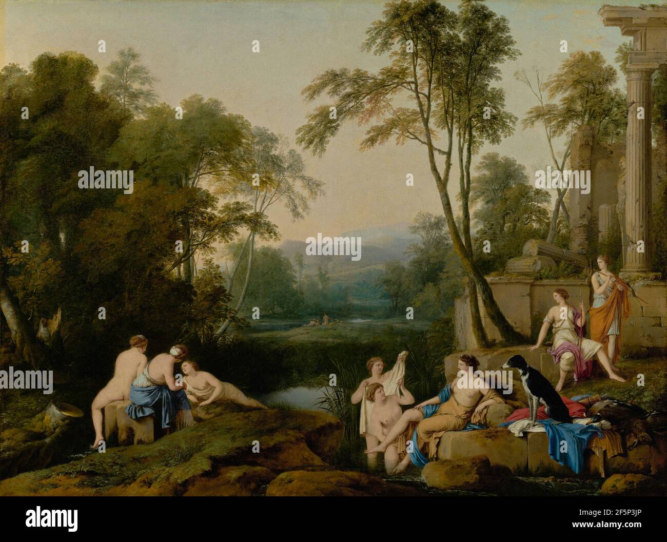 Diana und ihre Nymphen in einer Landschaft. Laurent de La Hyre (Französisch, 1606 - 1656) Stockfoto