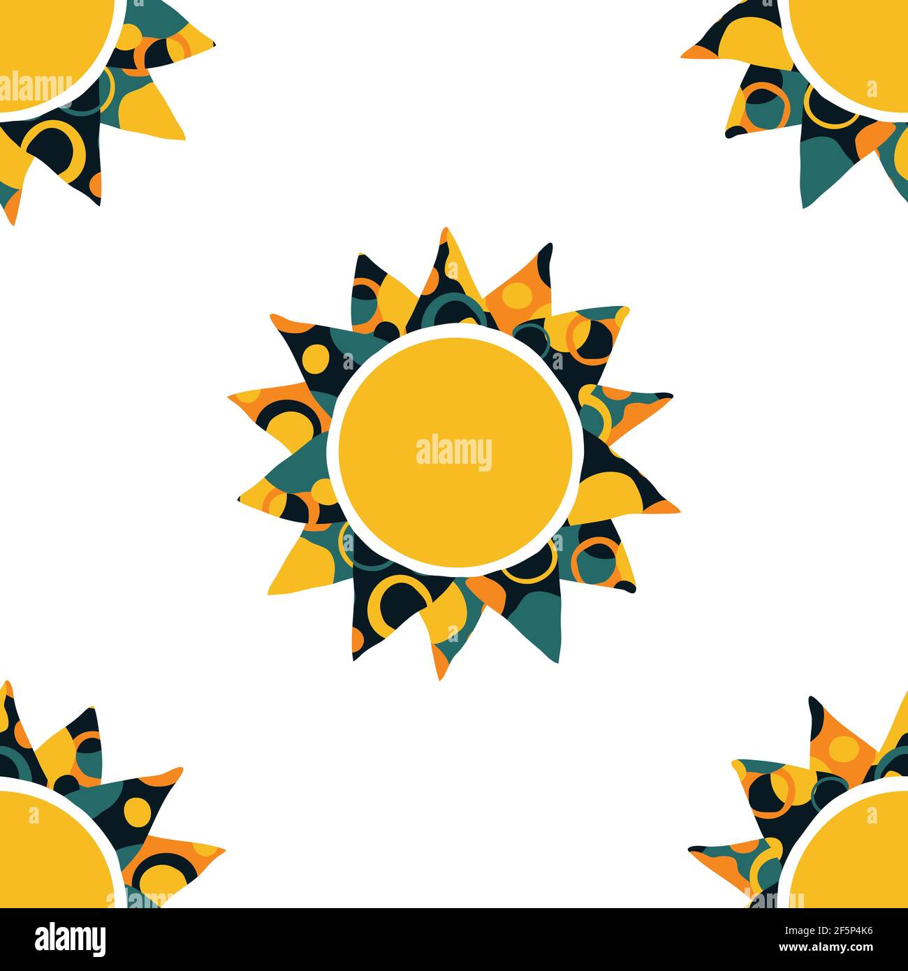 Nahtlose Vektor-Muster mit künstlerischen Sonne auf weißem Hintergrund. Einfache fröhliche Mode Tapete Design. Dekoratives Symbol Stoff Textil. Stock Vektor