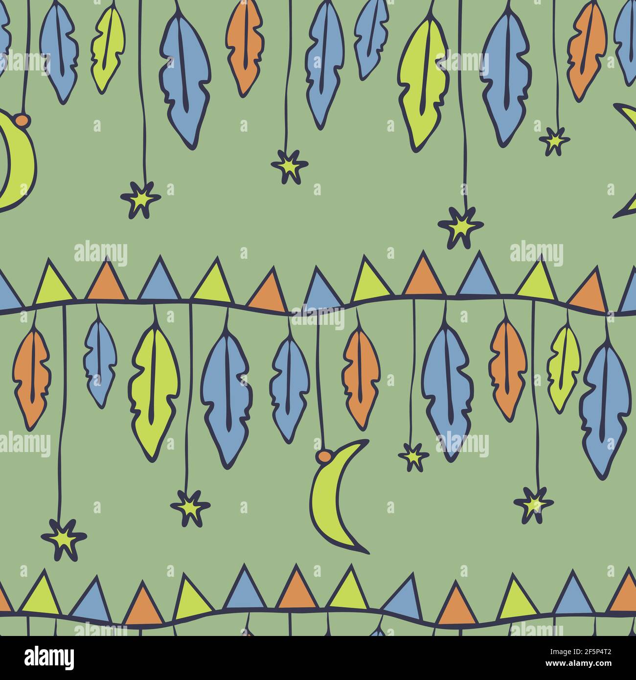 Nahtloses Vektor-Muster mit hängendem Mond und Sternen auf hellgrünem Hintergrund. Dezenter Pastelltapeten-Dessin mit Federn. Stock Vektor