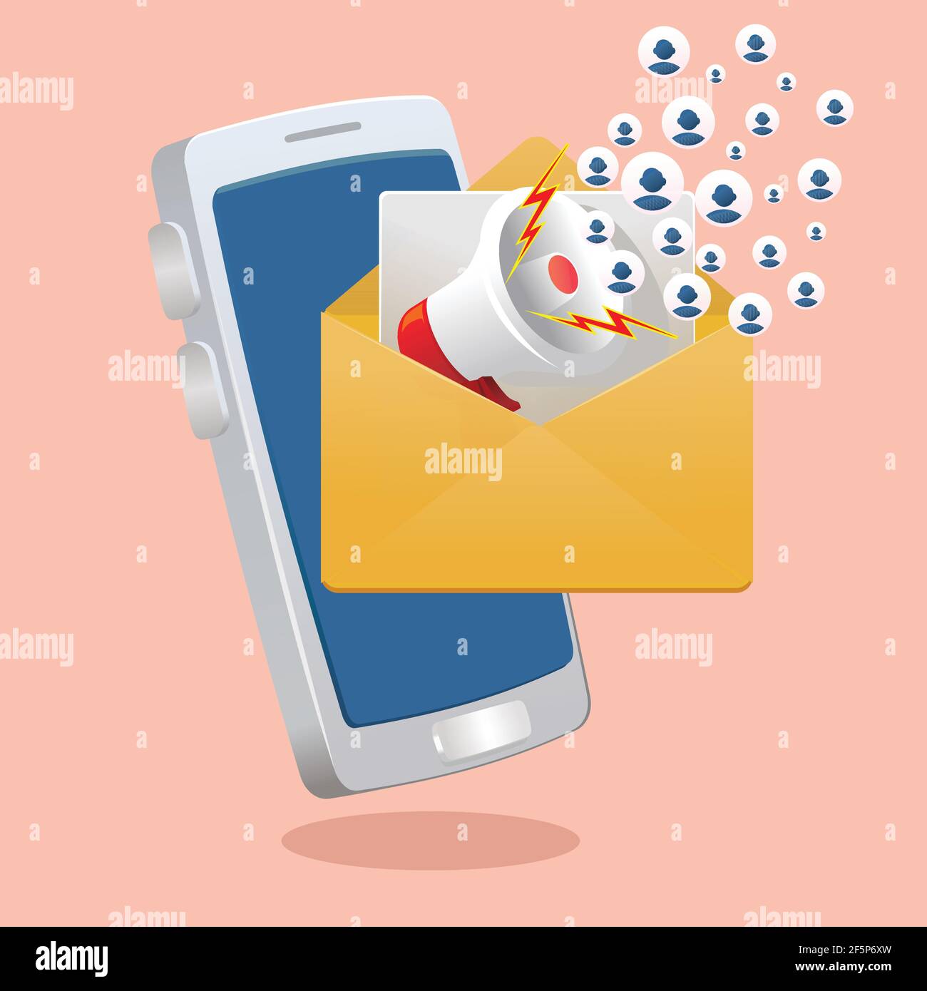 Umschlag mit Megapon und Kontakten vor dem Smartphone. E-Mail-Marketing, Promotion, Ankündigungskonzept. vektor-Illustration Stock Vektor