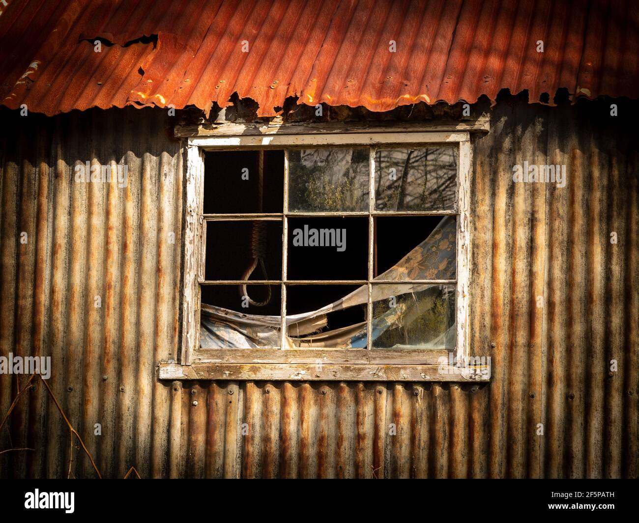 Ein baufälliger Wellblech-Großschuppen, mit kaputten Fensterscheiben und einer hängenden Schlinge im düsteren Innenraum Stockfoto