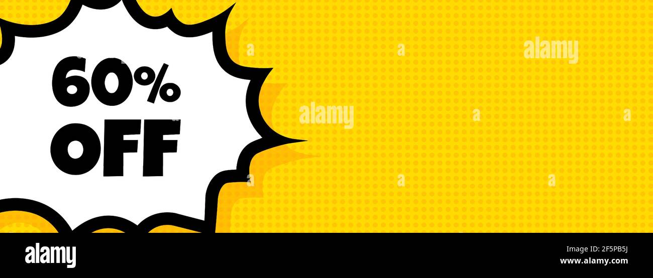 60 % Rabatt auf Sprechblasenbanner. Pop Art im Retro-Comic-Stil. Für Unternehmen, Marketing und Werbung. Vektor auf isoliertem Hintergrund. EPS 10. Stock Vektor
