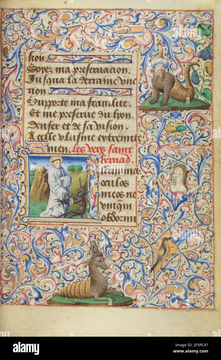 Initial I: Der heilige Bernhard streitig mit dem Teufel. Meister von Jean Rolin II (Hand B) (Französisch, aktives Paris, Frankreich letztes Drittel des 14th. Jahrhunderts) Stockfoto