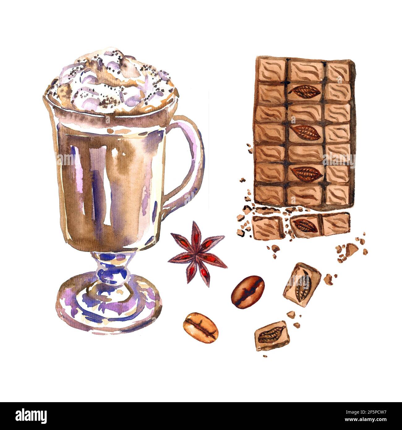 Irischer Kaffee im Glas, schwarze Schokoriegel, Kaffeebohnen und Sternanis, isoliert auf weiß handbemalter Aquarell-Illustration Stockfoto