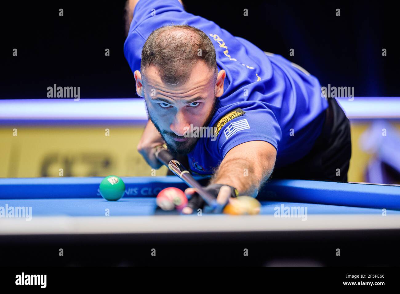 MILTON KEYNES, GROSSBRITANNIEN. März 2021, 27th. Alex Kazakis während 2021 Champion League Pool - Tag 6 Spiele in der Marshall Arena am Samstag, 27. März 2021 in MILTON KEYNES ENGLAND. Kredit: Taka G Wu/Alamy Live Nachrichten Stockfoto