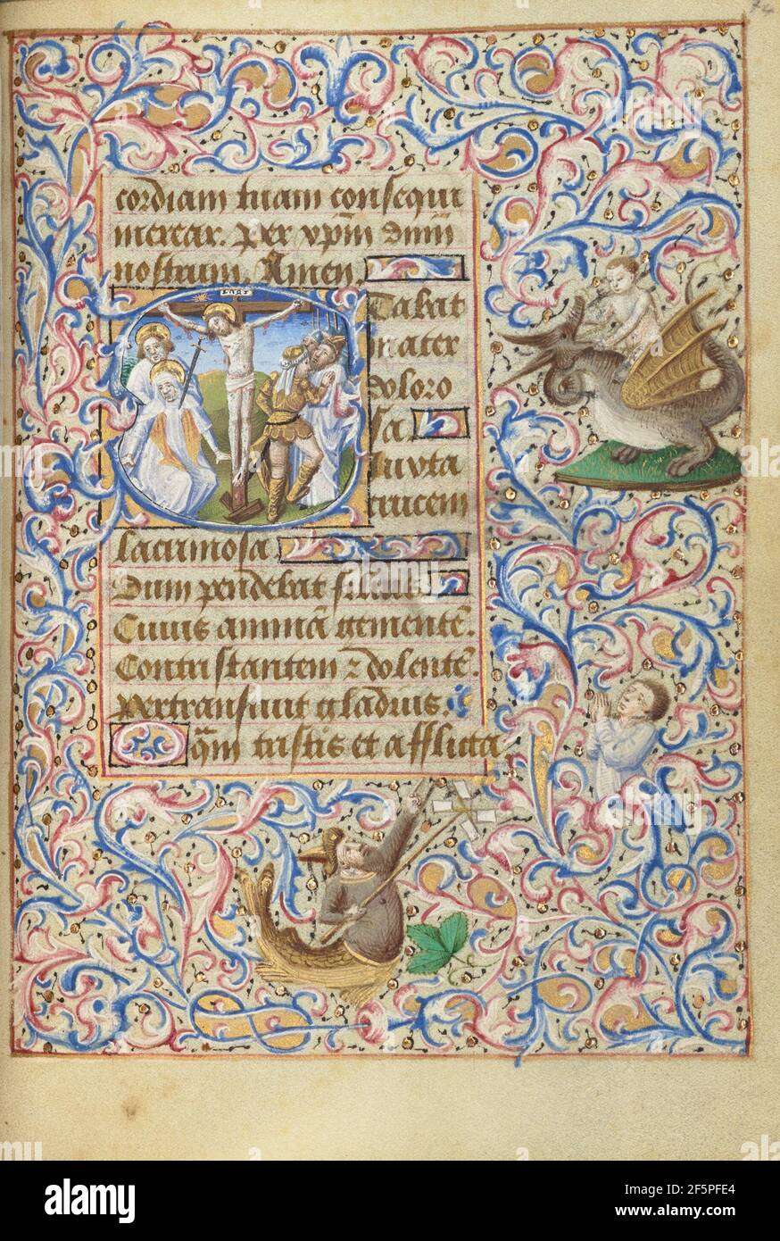 Initial S: Die Kreuzigung mit dem Herzen der Jungfrau durchbohrt von einem Schwert. Meister von Jean Rolin II (Hand B) (Französisch, aktives Paris, Frankreich letztes Drittel des 14th. Jahrhunderts) Stockfoto