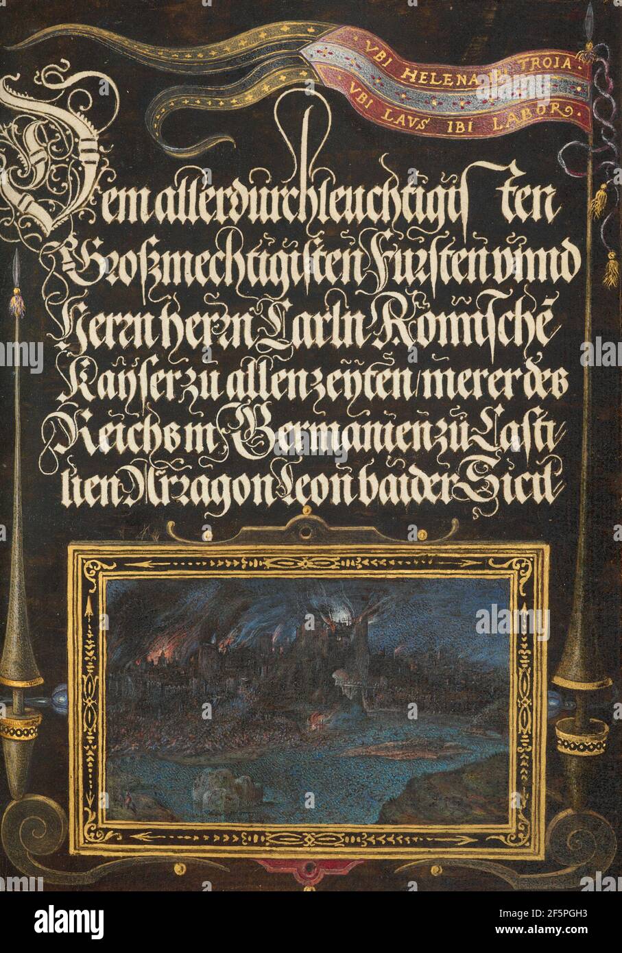 Die Verbrennung von Troja; Banner des Hauses Habsburg. Stockfoto