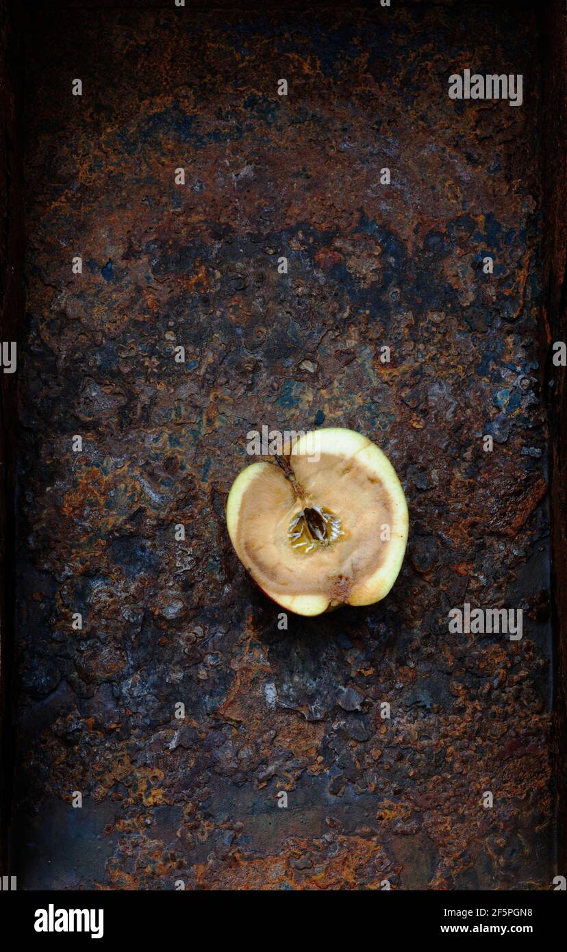 Die Hälfte des verfaulten Apfels auf rostigem Metall Stockfoto