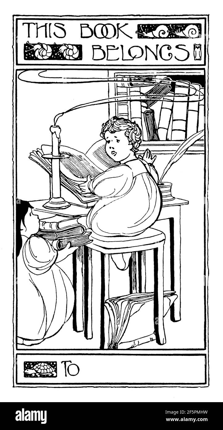 Jugendstil Kinder lesen Bücherregal Design mit leerem Namensschild von Claire Murrell, von 1901 das Studio an Illustrated Magazine of Fine und Applie Stockfoto