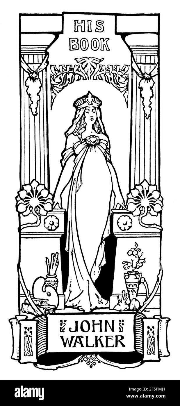 Art Nouveau weibliche Figur eingerahmt von Säulen Exlibris Design für John Walker von James A Gefunden, von 1901 The Studio an Illustrated Magazine of Fine an Stockfoto
