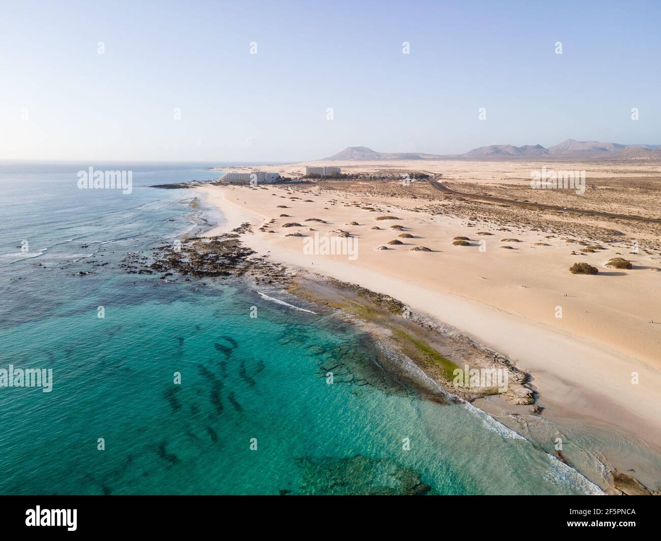 Corralejo Strand Luftdrohne geschossen, Fuerteventura, Kanarische Inseln Stockfoto