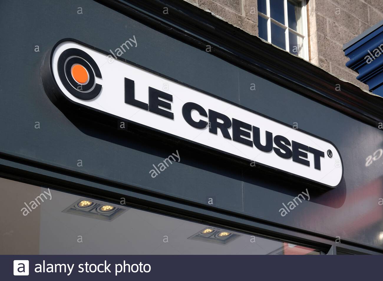 Le Creuset Schild, Edinburgh, Schottland Stockfoto