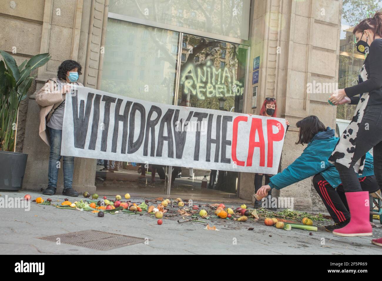 27. März 2021, Barcelona, Katalonien, Spanien: Die Demonstranten vor dem Hauptquartier der Europäischen Union Kommission sind mit Überresten von Früchten und Hülsenfrüchten allein und einem Banner mit der Aufschrift, zurückziehen die GAP (Gemeinsame Agrarpolitik) gesehen. Eine internationale Bewegung für den Kampf für ein nachhaltiges Ernährungssystem, Klimagerechtigkeit und Tierschutz hat am Samstag, den 27. März, vor dem Sitz der Europäischen Union Kommission in Barcelona eine direkte Aktion gewaltfrei durchgeführt, um die Generaldirektion Landwirtschaft und Rura zu bitten Stockfoto 27. März 2021, Barcelona, Katalonien, Spanien: Die Demonstranten vor dem Hauptquartier der Europäischen Union Kommission sind mit Überresten von Früchten und Hülsenfrüchten allein und einem Banner mit der Aufschrift, zurückziehen die GAP (Gemeinsame Agrarpolitik) gesehen. Eine internationale Bewegung für den Kampf für ein nachhaltiges Ernährungssystem, Klimagerechtigkeit und Tierschutz hat am Samstag, den 27. März, vor dem Sitz der Europäischen Union Kommission in Barcelona eine direkte Aktion gewaltfrei durchgeführt, um die Generaldirektion Landwirtschaft und Rura zu bitten Stockfoto