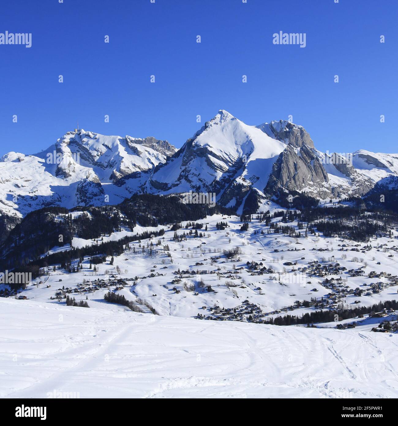 Schneebedeckte Berge der Alpsteinkette von Iltois aus gesehen. Stockfoto