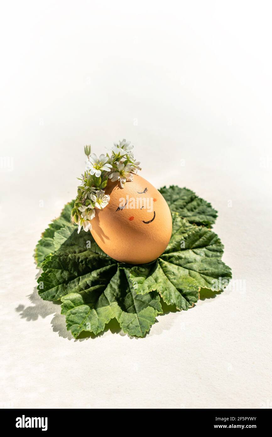 Ein lächelndes Ei für ein Ostern- und Frühlingskonzept. Ein Ei mit einem lächelnden Gesicht und einer Blumengirlande, die die Frühlingssonne auf Malvablättern genießt. Stockfoto