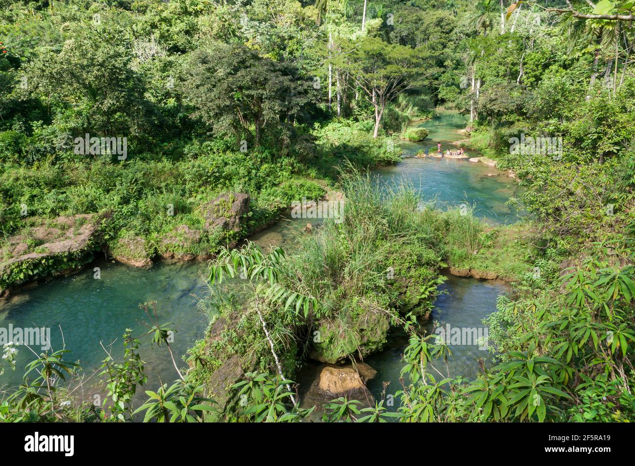 Einladende natürliche Pools mit klarem türkisfarbenem Wasser, die vom Rio Hanabanilla unter den unteren Wasserfällen im Naturpark El Nicho, Kuba, gebildet werden. Stockfoto
