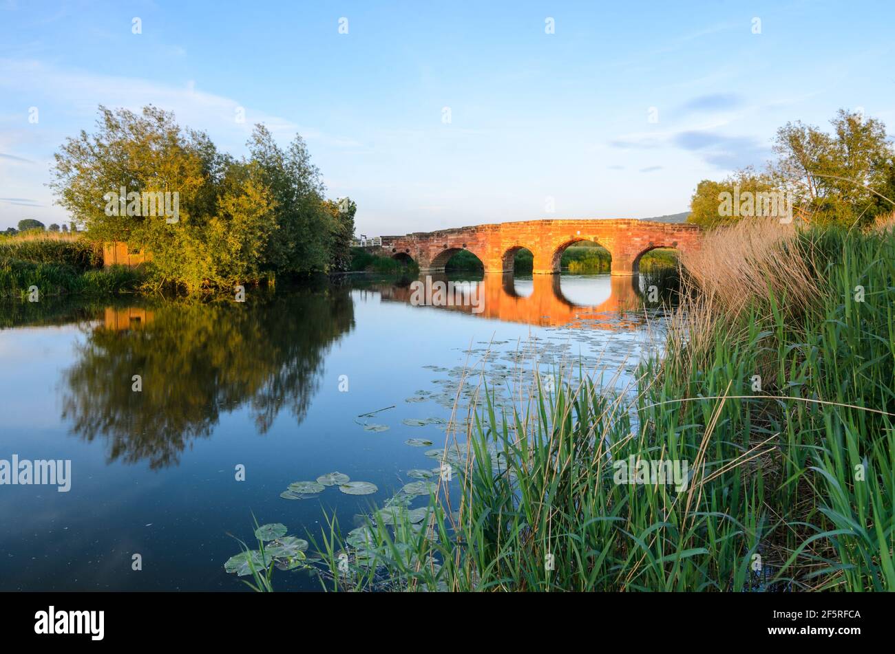 Eckington Bridge spiegelt sich im Fluss Avon im goldenen Licht des Sonnenuntergangs in Worcestershire, England Stockfoto