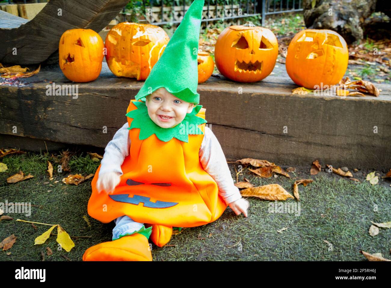 Süßes, blauäugiges Baby, das an einem Herbsttag als Kürbis in einem Park gekleidet ist Stockfoto