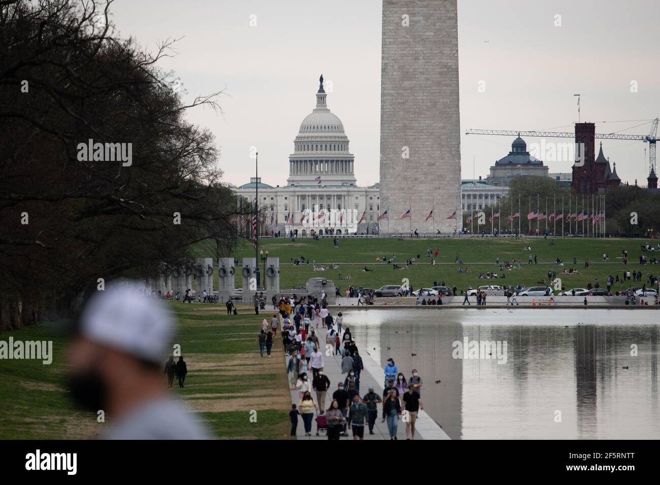 Ein allgemeiner Blick auf das Kapitolgebäude der USA und wie Besucher die National Mall in Washington, D.C. am Samstag, den 27. März, einpacken, 2021, inmitten der Coronavirus-Pandemie. Blühende Baumblüten tauchte am Samstag um Washington herum auf, als die Kirschblüte um das Tidal Basin für die kommende Woche vorhergesagt wurde. (Graeme Sloan/Sipa USA) Stockfoto