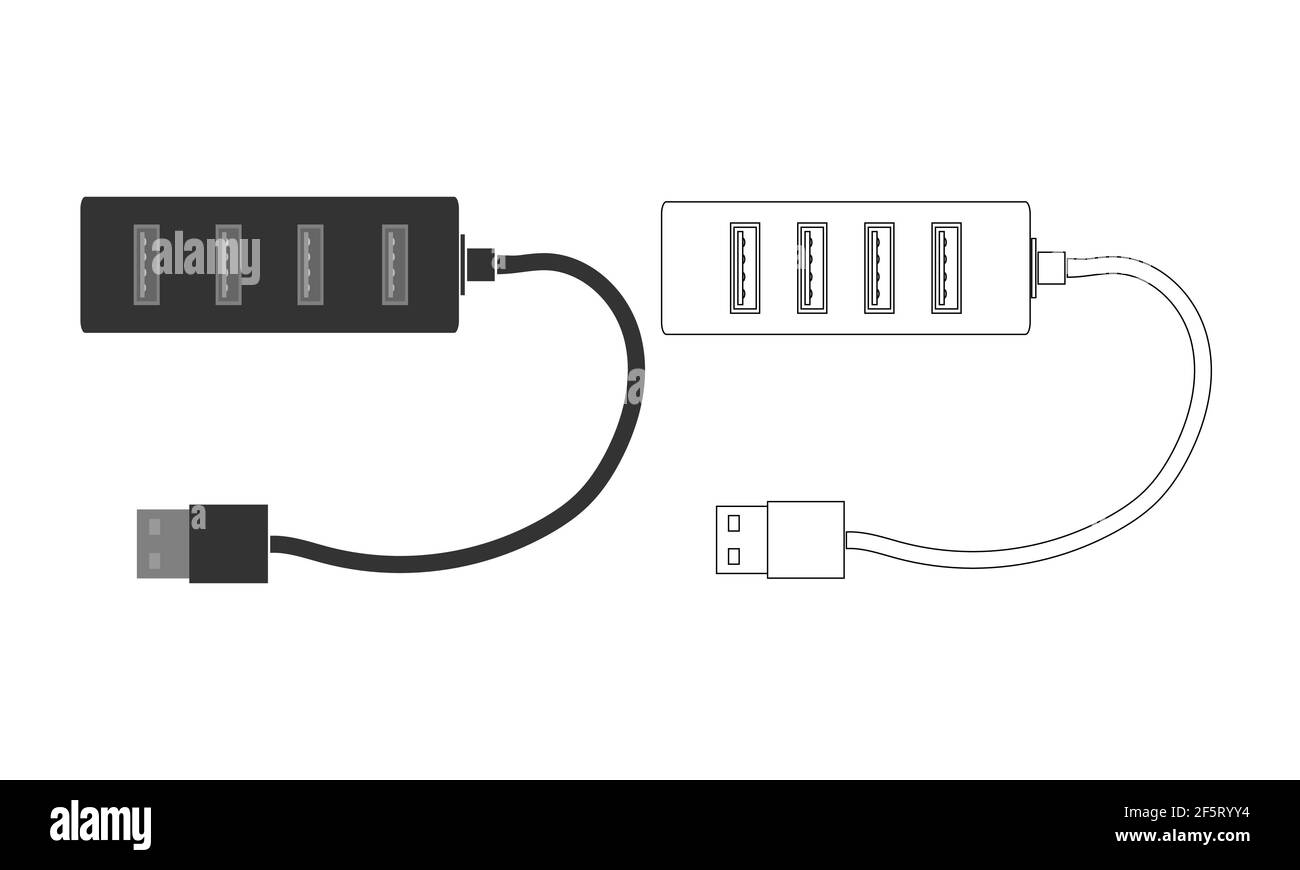 Ein Satz moderner USB-Splitter mit Anschlüssen und Kabel. Ein Splitter für einen Computer oder Laptop. Flache Vektorgrafik Stock Vektor