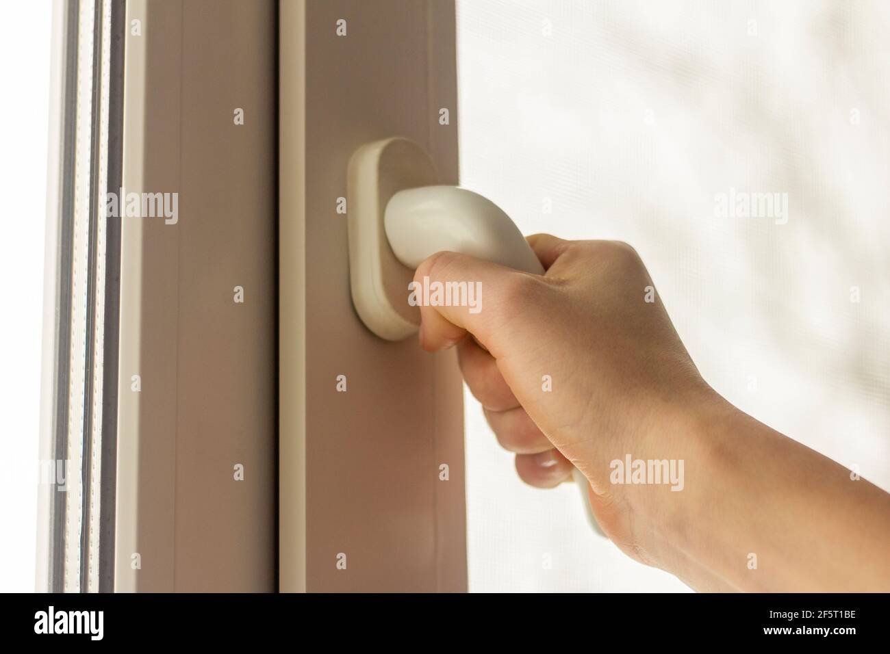 Die Hand des Teenagers öffnet das Fenster, um das auszulüften Zimmer Stockfoto