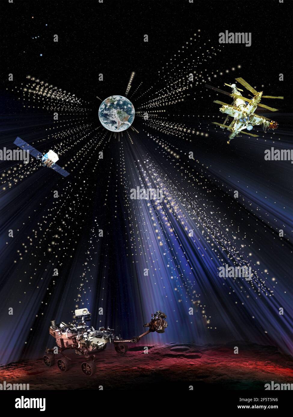 Konzept der Weltraumforschung. Erde und Raumschiffe in der Ferne, und ein Mondrover auf der Oberfläche des Mondes im Radiallicht der Sterne. Die Herren Stockfoto
