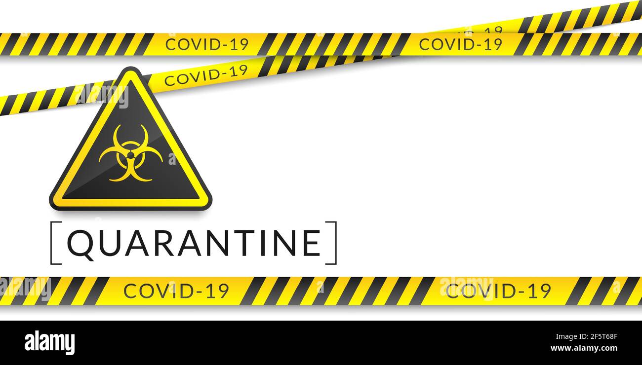 Weißes Banner einer Coronavirus-Quarantäne hat ein Biogefahrenzeichen, gelbe Sicherheitsbänder und Kopierraum. Vektorgrafik, EPS 10. COVID-19-Krankheit. Stock Vektor