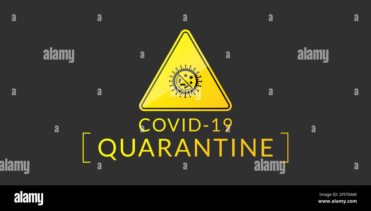 Das Coronavirus-Banner der Quarantäne hat ein dreieckiges Warnzeichen Mit einem Coronavirus-Logo und einem Akronym von COVID-19 Isoliert auf schwarzem Hintergrund Stock Vektor