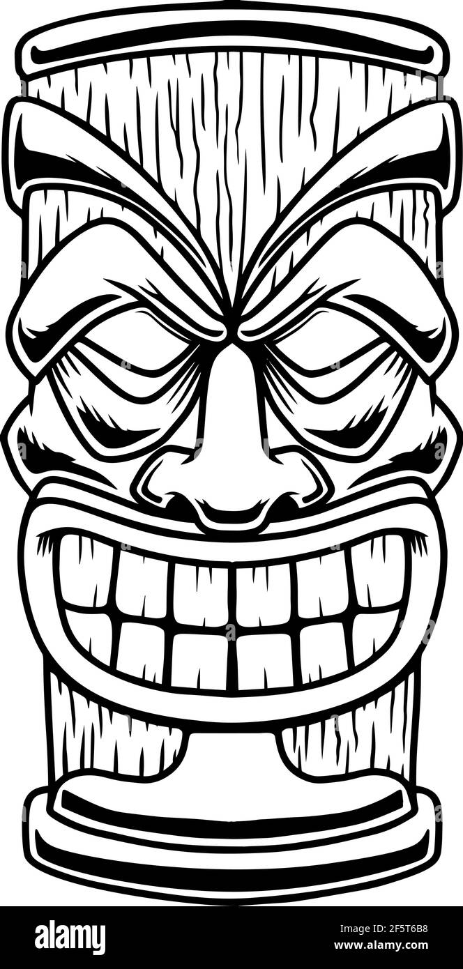 Illustration der Tiki Tribal Holzmaske. Gestaltungselement für Logo, Emblem, Schild, Plakat, Karte, Banner. Vektor-Illustration, Illustration von Tiki Tribal Stock Vektor