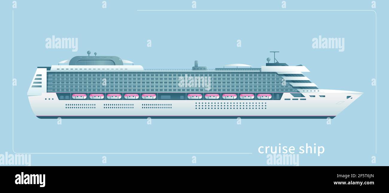 Die Vektordarstellung eines weißen großen Kreuzfahrtschiffes ist auf einem hellblauen Hintergrund isoliert. Das Konzept ist Seetransport und Personenverkehr Stock Vektor