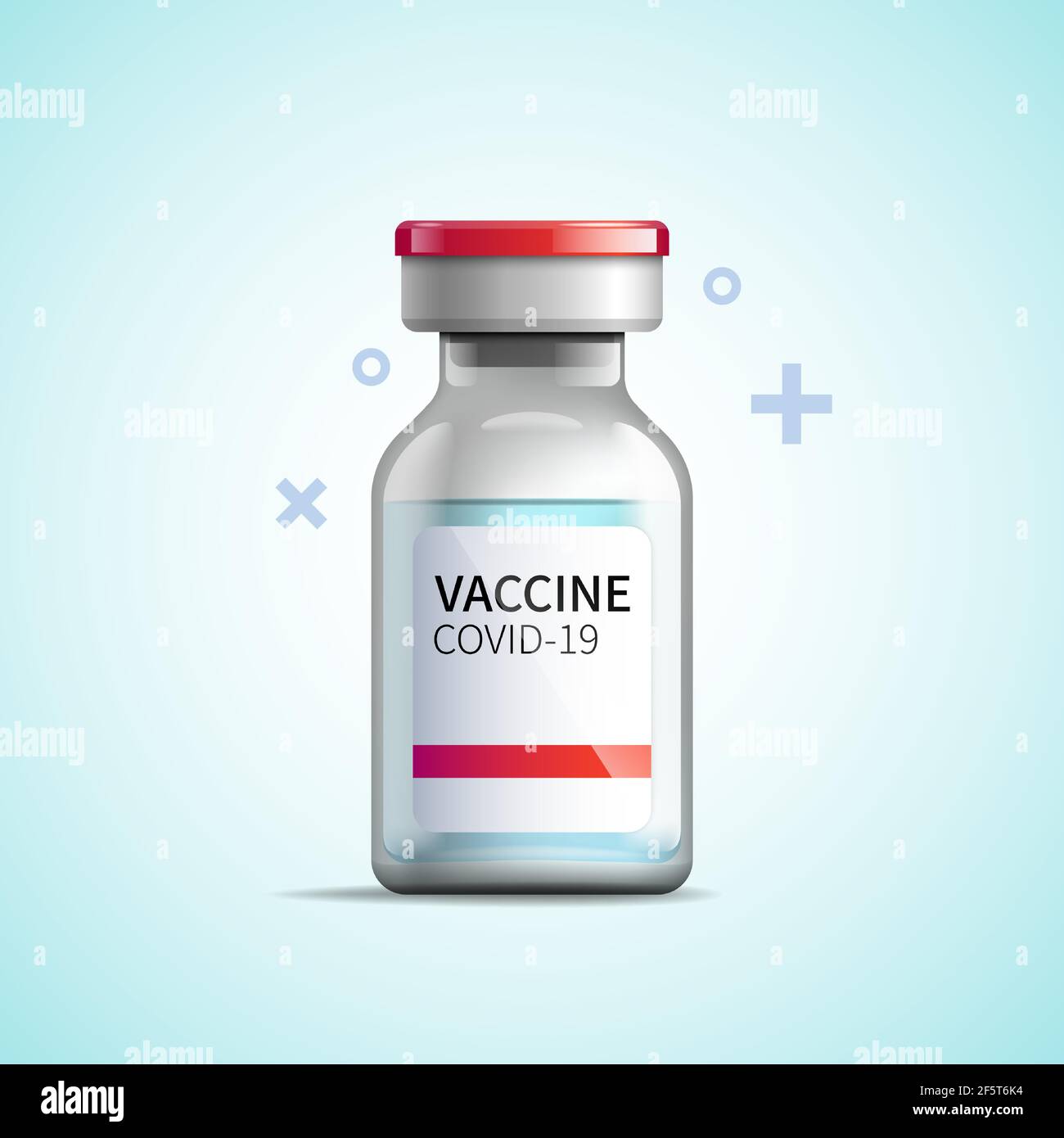 Impfstoff gegen COVID-19. Vektordarstellung einer Glasfläschchen des Impfstoffes hat blaue Flüssigkeit und ein Etikett mit einem Text. Stock Vektor